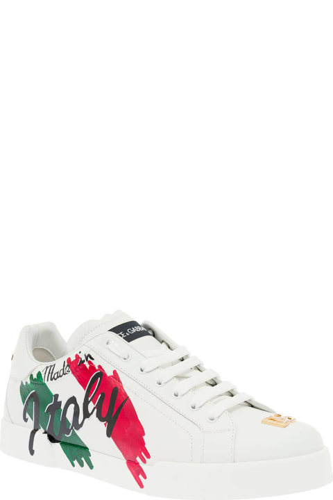 Dolce & Gabbana Man's White Leather Sneakers With Made In Italy Print
