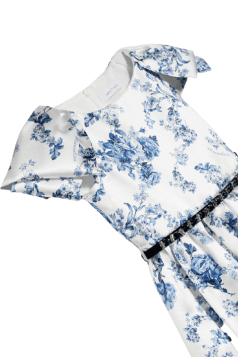 Monnalisa White And Blue Floral Dress With Belt - Blu