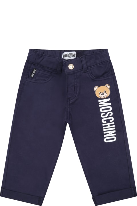 Moschino Blue Trouser For Baby Boy With Teddy Bear - Bianco