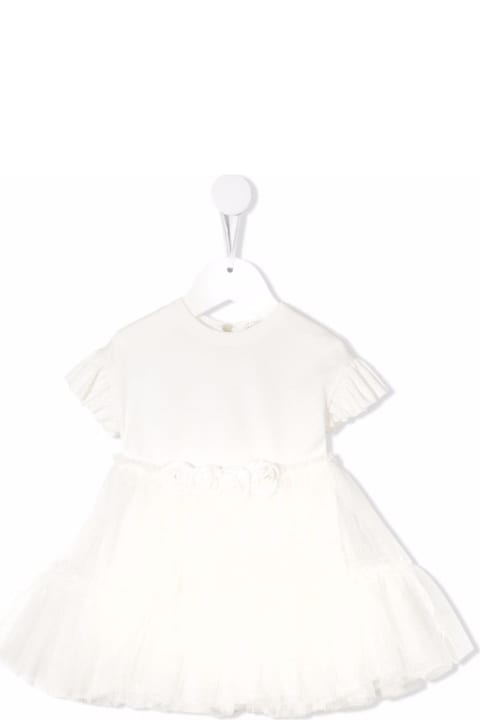 Monnalisa White Viscose And Tulle Dress With Rose Detail - Bianco