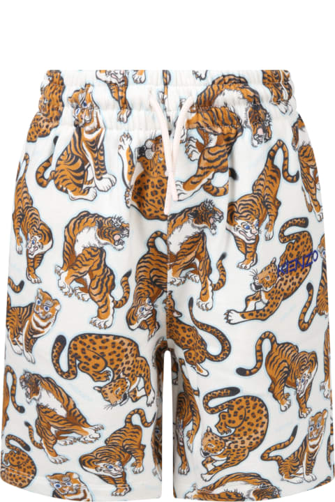 Kenzo Kids White Short For Boy With Tigers - Blu