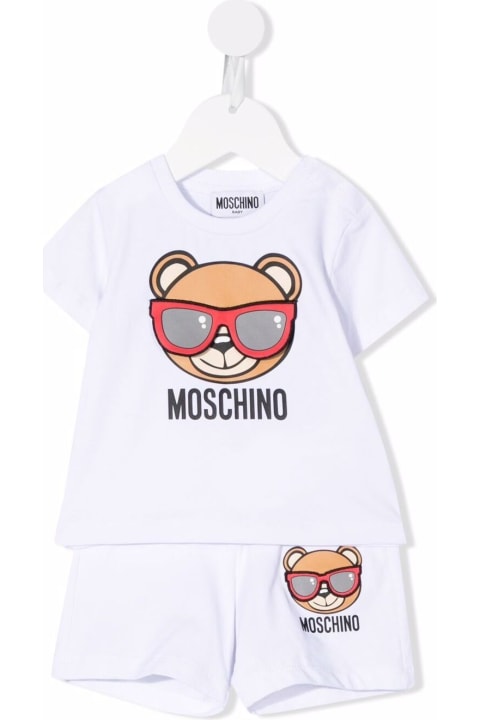Moschino Baby Boy White Cotton Suit With Logo - Verde