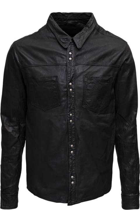 Black Wrinkled Leather Shirt With Pockets