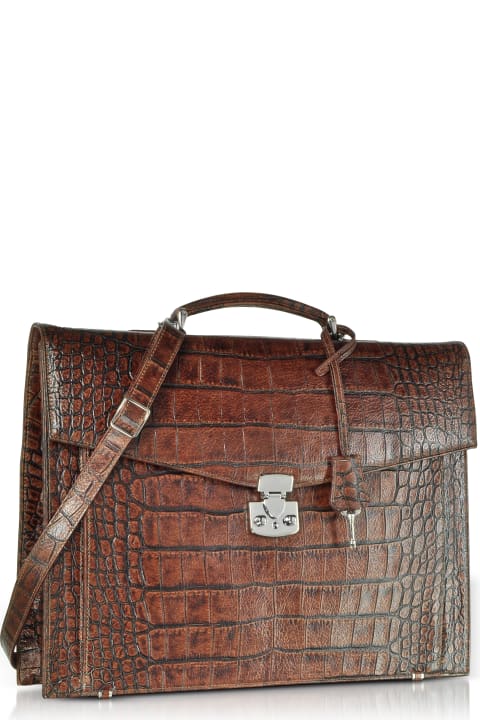 Brown Croco-embossed Leather Briefcase