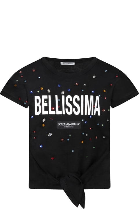 Dolce & Gabbana Black T-shirt For Girl With Rhinestones - Multicolor