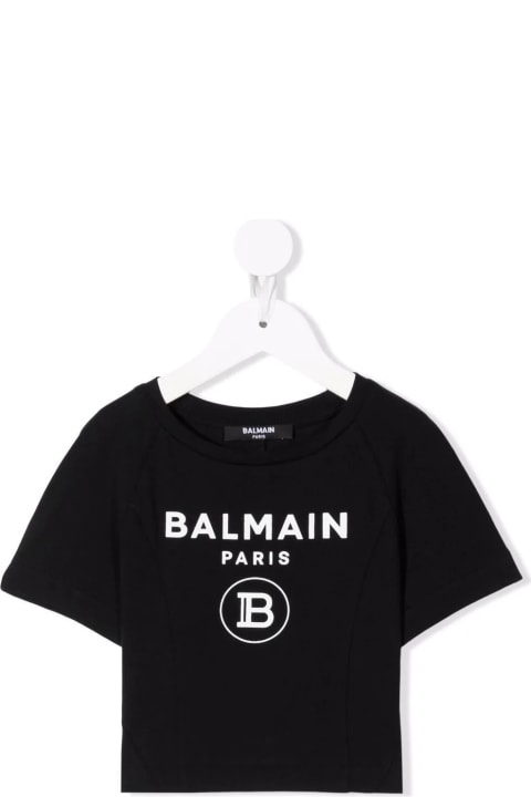 Balmain Kids Black T-shirt With White Logo - Bianco