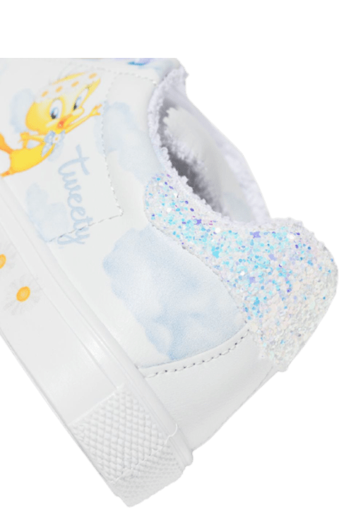 Monnalisa White Leather Sneakers With Tweety Clouds Print - Panna