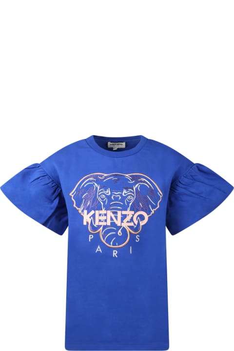 Kenzo Kids Blue Dress For Girl With Elephant - Rosa