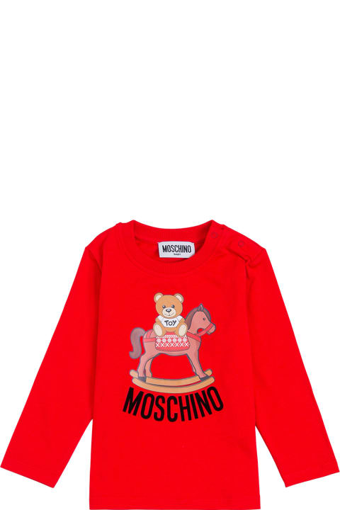 Moschino Long-sleeved Red Cottont-shirt With Teddy Bear Front Print - Bianco