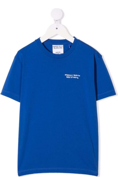 Marcelo Burlon Blue Cotton T-shirt With Logo Print - Nero e Arancione