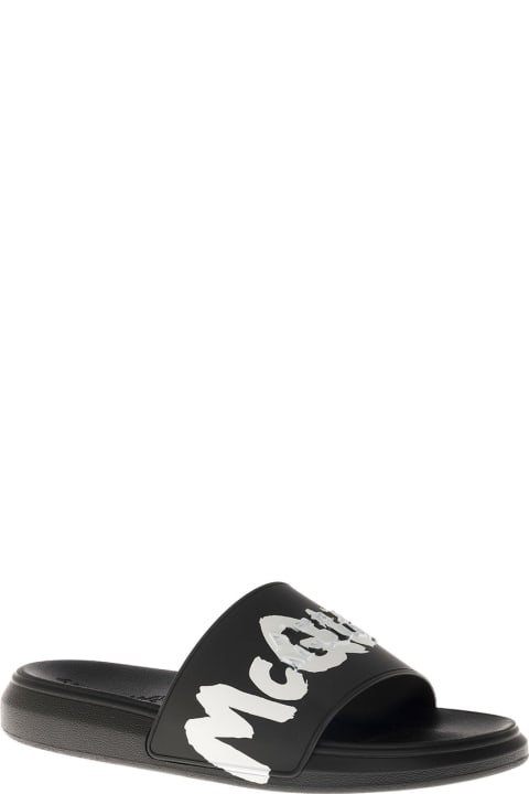 Alexander McQueen Black Rubber Slide Sandals With Logo - Silver