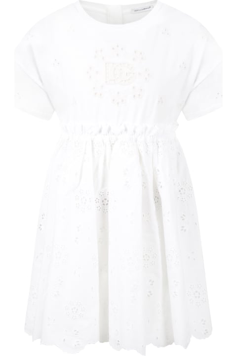 Dolce & Gabbana White Dress For Girl With Logo - Multicolor