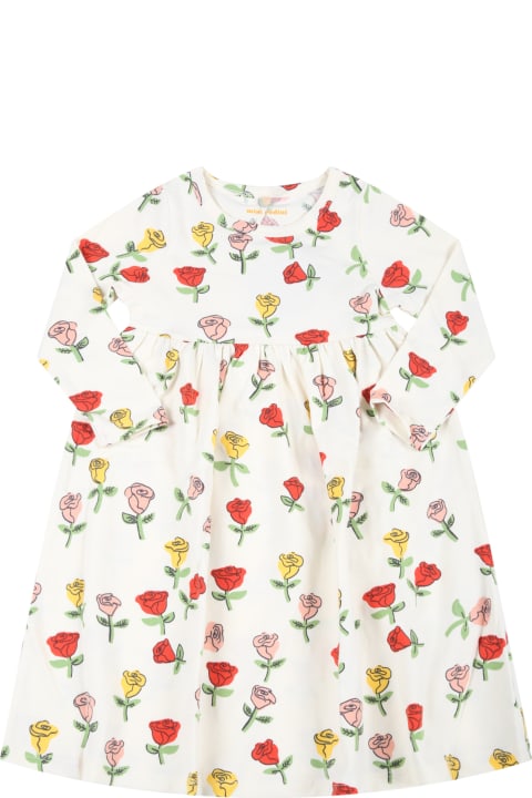 Mini Rodini Ivory Dress For Baby Girl With Roses - Ivory