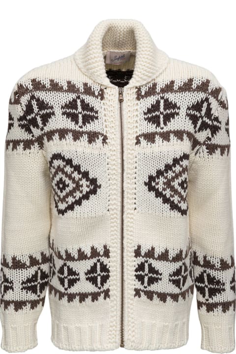 The Seafarer Ikat White And Brown Wool Cardigan - Blue