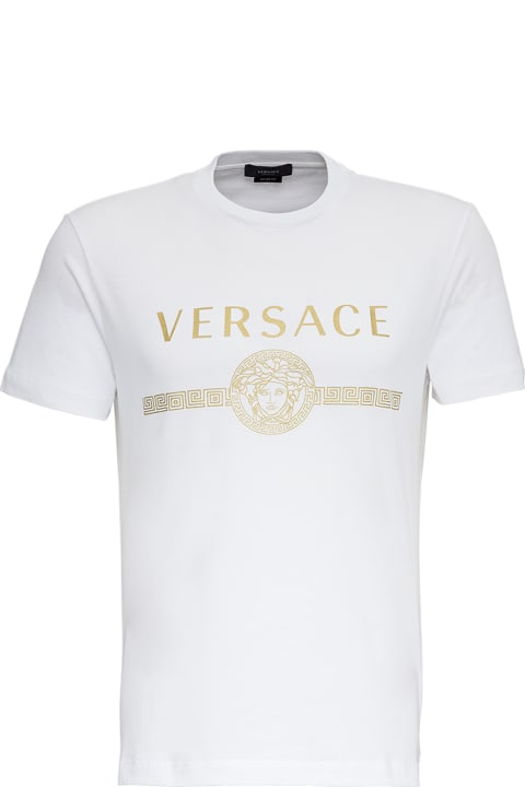 Versace White Cotton T.shirt With Logo Print - Nero