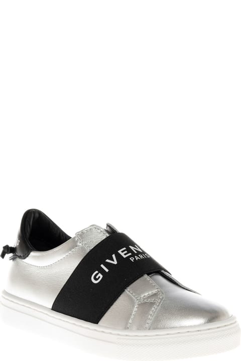 Silver Leather Sneakers With Logo
