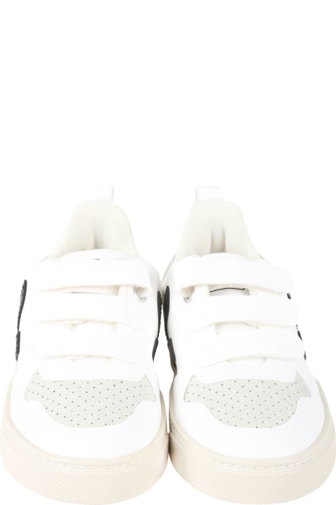 White Sneakers For Kids With Black Logo