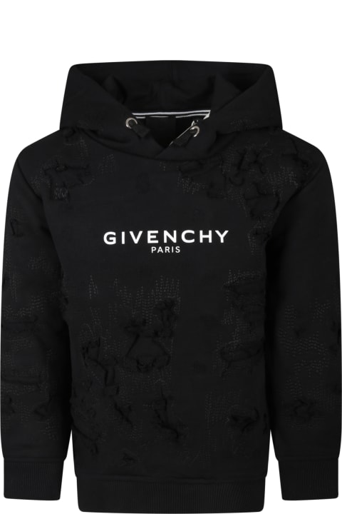 Givenchy Black Sweatshirt For Boy With Fake Rips And White Logo - Black