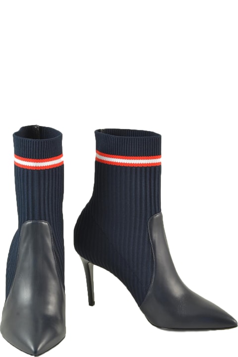 Dark Blue Leather And Fabric Sock Booties