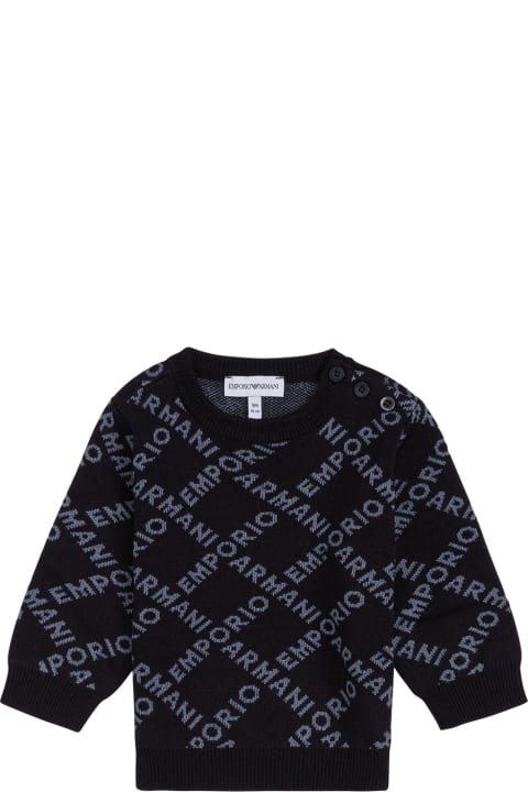 Emporio Armani Wool Blend Sweater With Allover Logo - Black