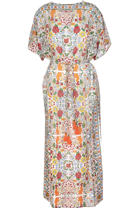 White Long Kaftan With Multicolored Fantasy Print