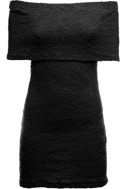 Black Cotton Blend Dress With Off Shoulders
