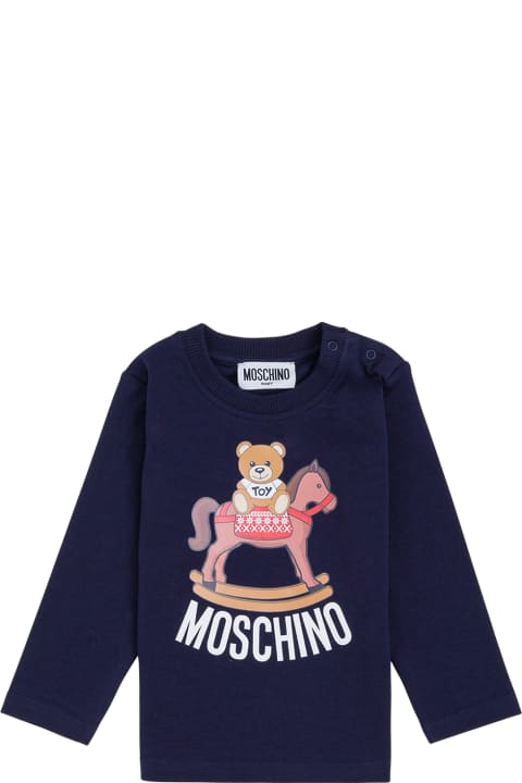 Moschino Long-sleeved T-shirt In Blue Cotton With Teddy Bear Print - Bianco