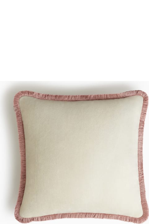 Lo Decor Happy Pillow Dirty White Velvet Pink Fringes - white / white