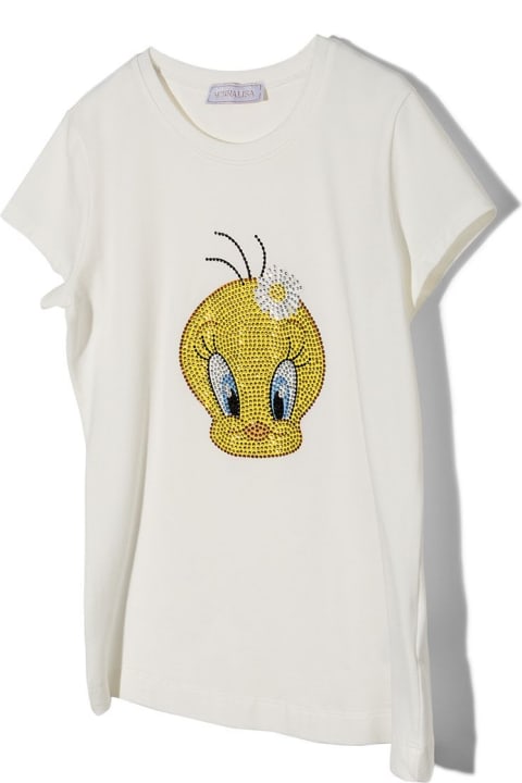 Monnalisa White Cotton T-shirt With Sequin Tweety Print - Bianco/rosso