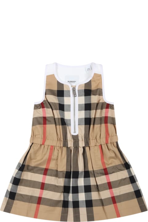 Beige Dress For Baby Girl With Iconic Check