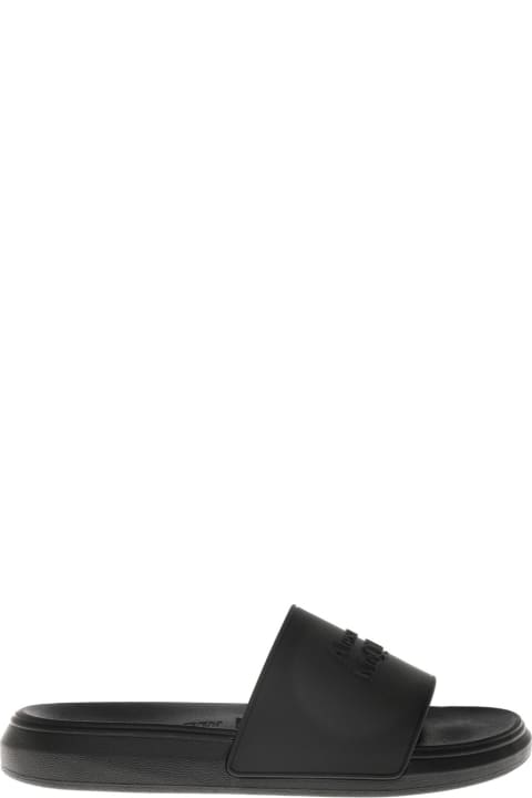 Black Rubber Slide Sandals With Logo