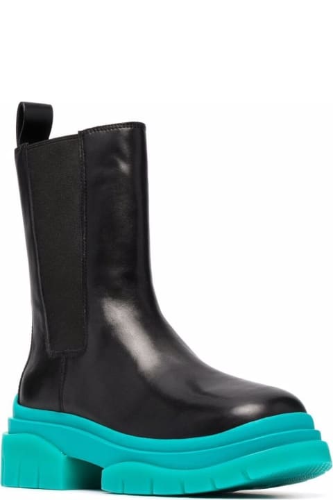 Black Leather Boots With Light Blue Chunky Sole