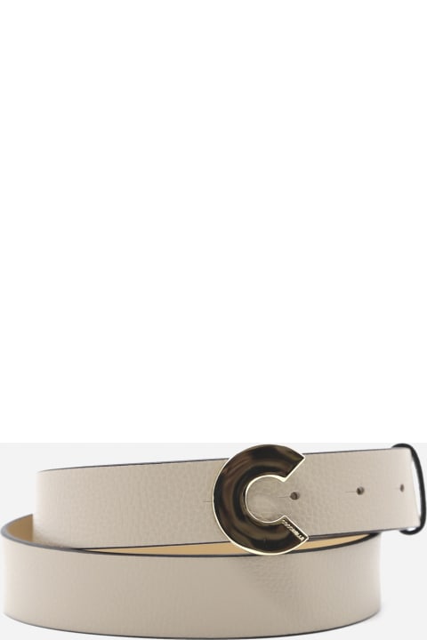 Grained Leather Belt With Logoed Buckle