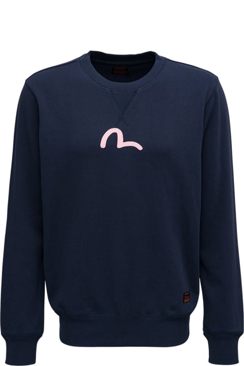 Evisu Blue Cotton Crew Neck Sweatshirt With Logo Print - Nero