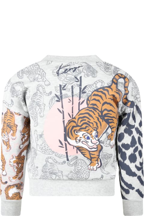 Kenzo Kids Grey Sweatshirt For Girl With Tigers - Verde