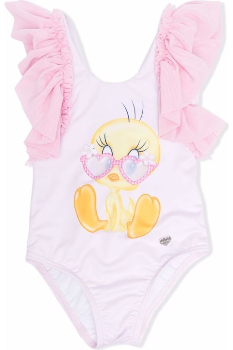 Monnalisa Baby Girl Pink One-piece Swimsuit With Tweety Print
