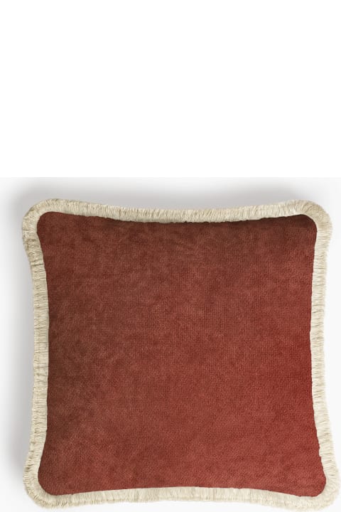 Lo Decor Happy Pillow   Brick Red Velvet With Dirty White  Fringes - red / white