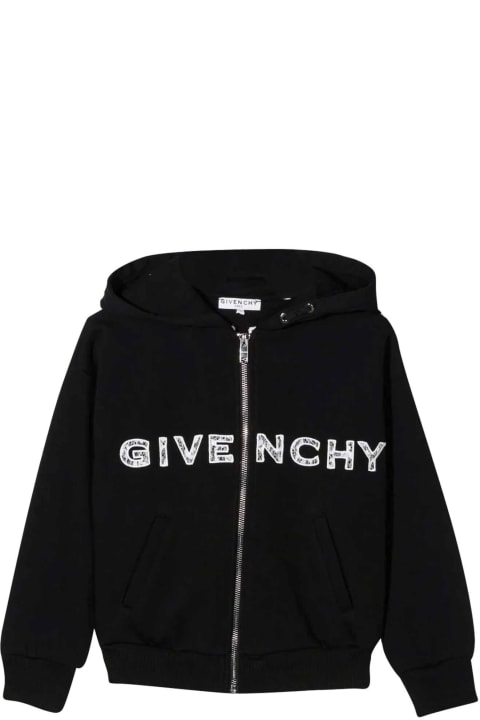 Givenchy Black Sweatshirt With Print , Zip And Hood - Rosso Vivo