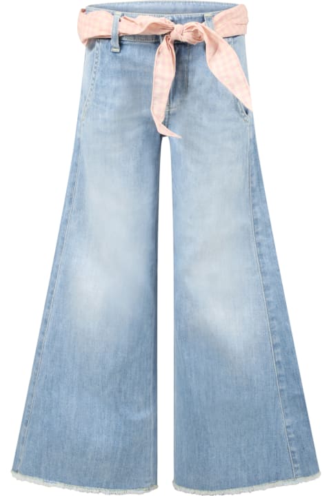 Light-blue Jeans For Girl With Pink Belt And Logo