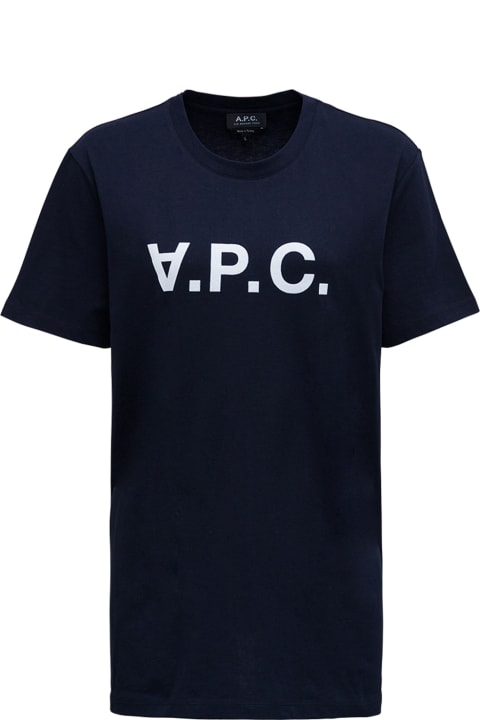 A.P.C. Blue Cotton T-shirt With Logo Print - Heathered grey