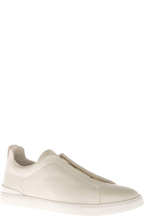 Ivory Colored Grained Leather Sneakers With Cross Laces