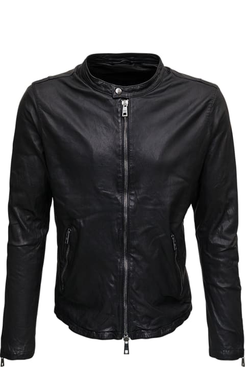 Black Leather Crew Neck Jacket