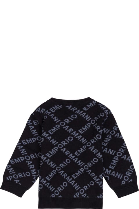 Emporio Armani Wool Blend Sweater With Allover Logo - Blu