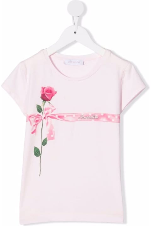 Monnalisa Pink Cotton T-shirt With Rose Print - White