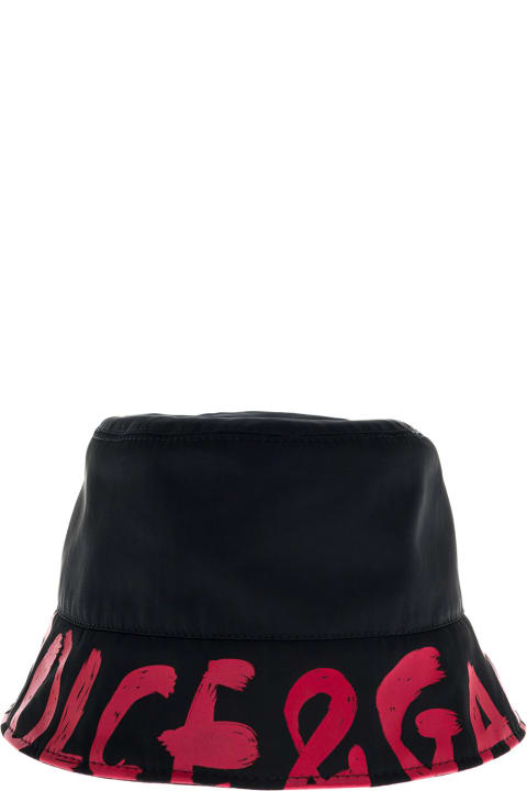 Reversible Black Nylon Hat With Logo Print