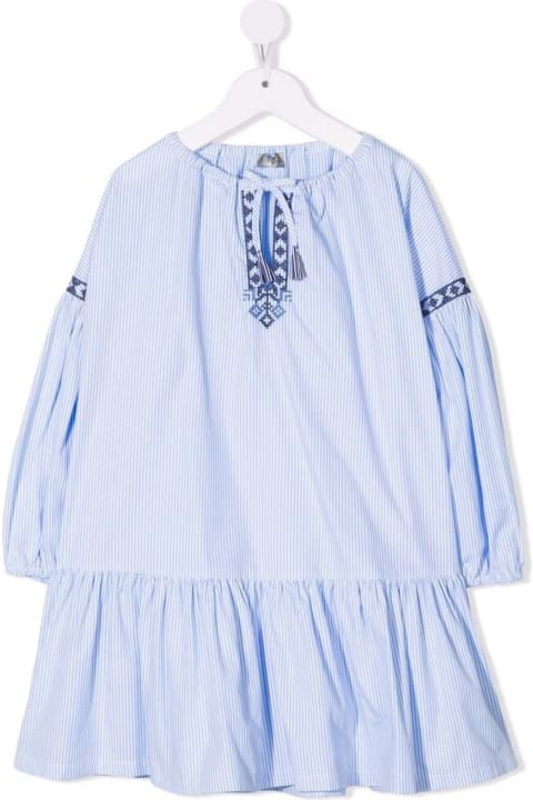 Il Gufo Striped Blue Cotton Dress With Ikat Inserts - Grey