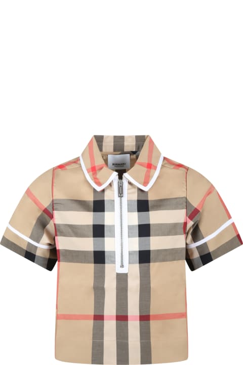 Beige Polo Shirt For Girl With Vintage Checks