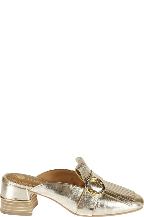 Tory Burch Multi Logo Kiltie Mules - Sycamore Rolled Gold