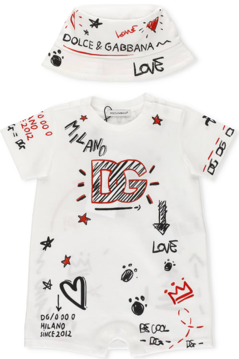 Dolce & Gabbana Baby Romper And Hat Set With Graffiti Print - Brown