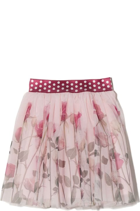Monnalisa Pleated Skirt With Floral Print - Bianco/rosso